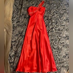 Red/orange one-shoulder silk dress